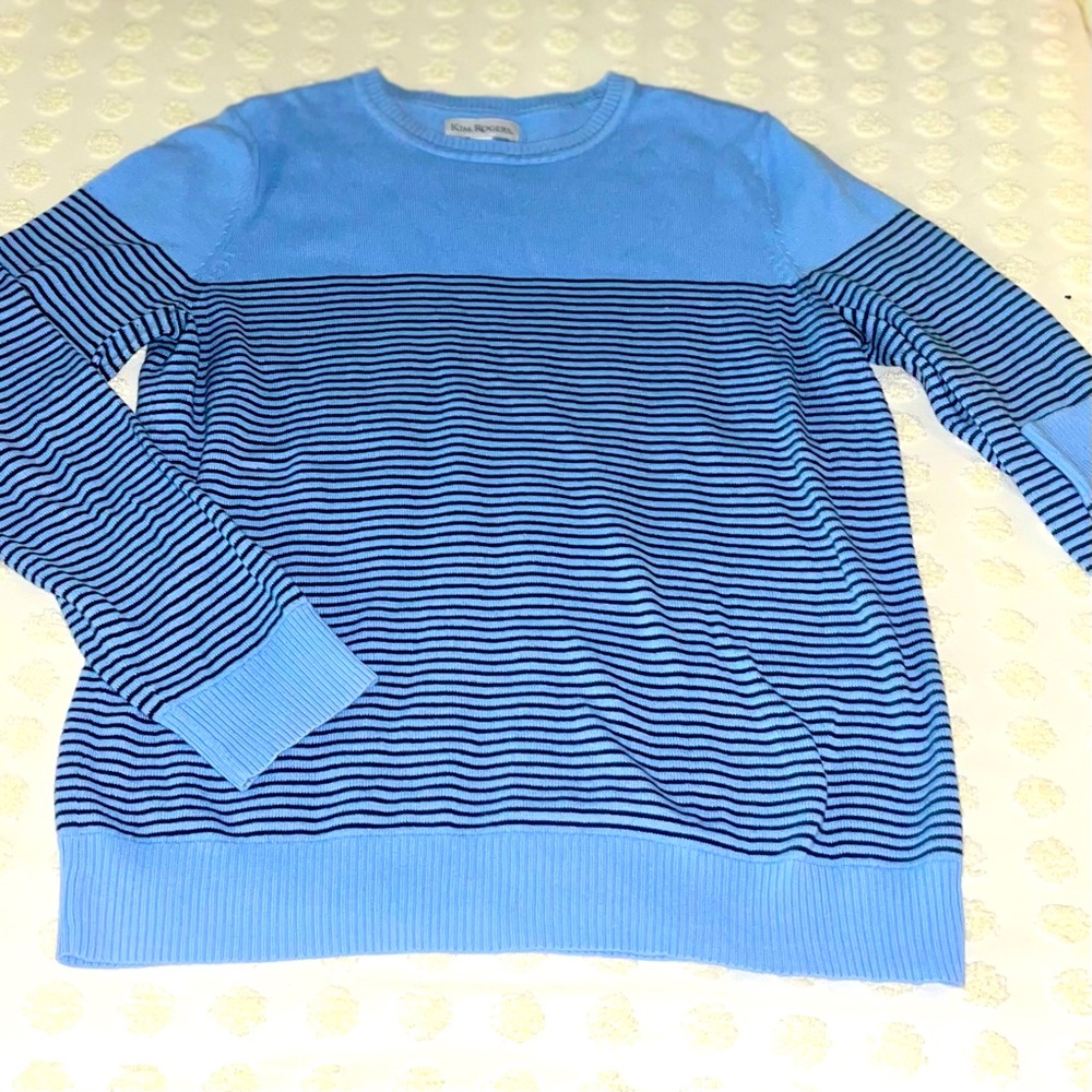 3/13💄Long Sleeve Cable Crew Neck Sweater - periwinkle navy + blue striped